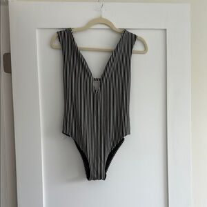 Seafolly Black and White Bodysuit with Vertical Stripes